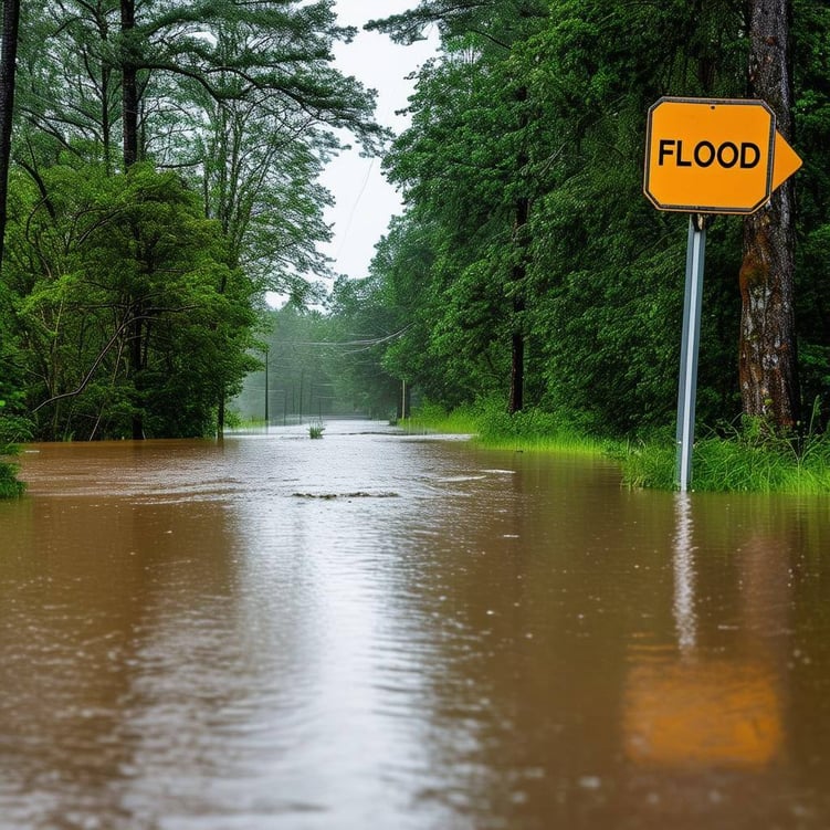 road flooded with trees to the left and right with a flood sign